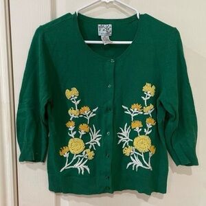 Anthropologie X Tabitha Kelly Green Embroidered Cardigan Sweater Sz Medium